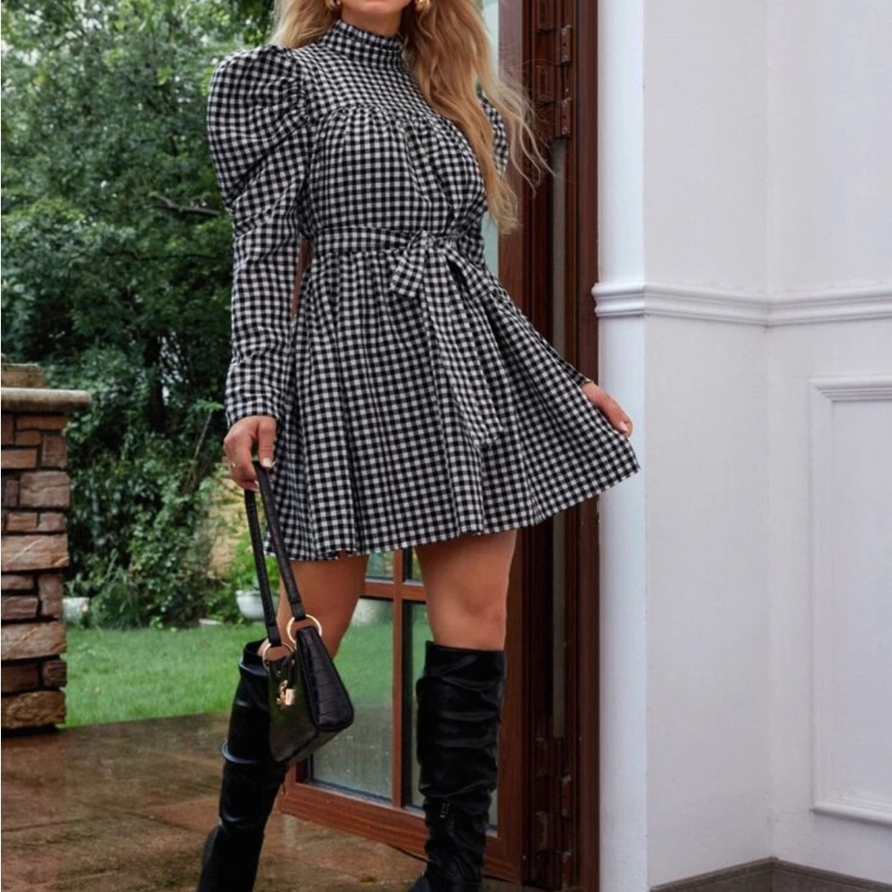Puff Sleeve Belted Gingham Dress